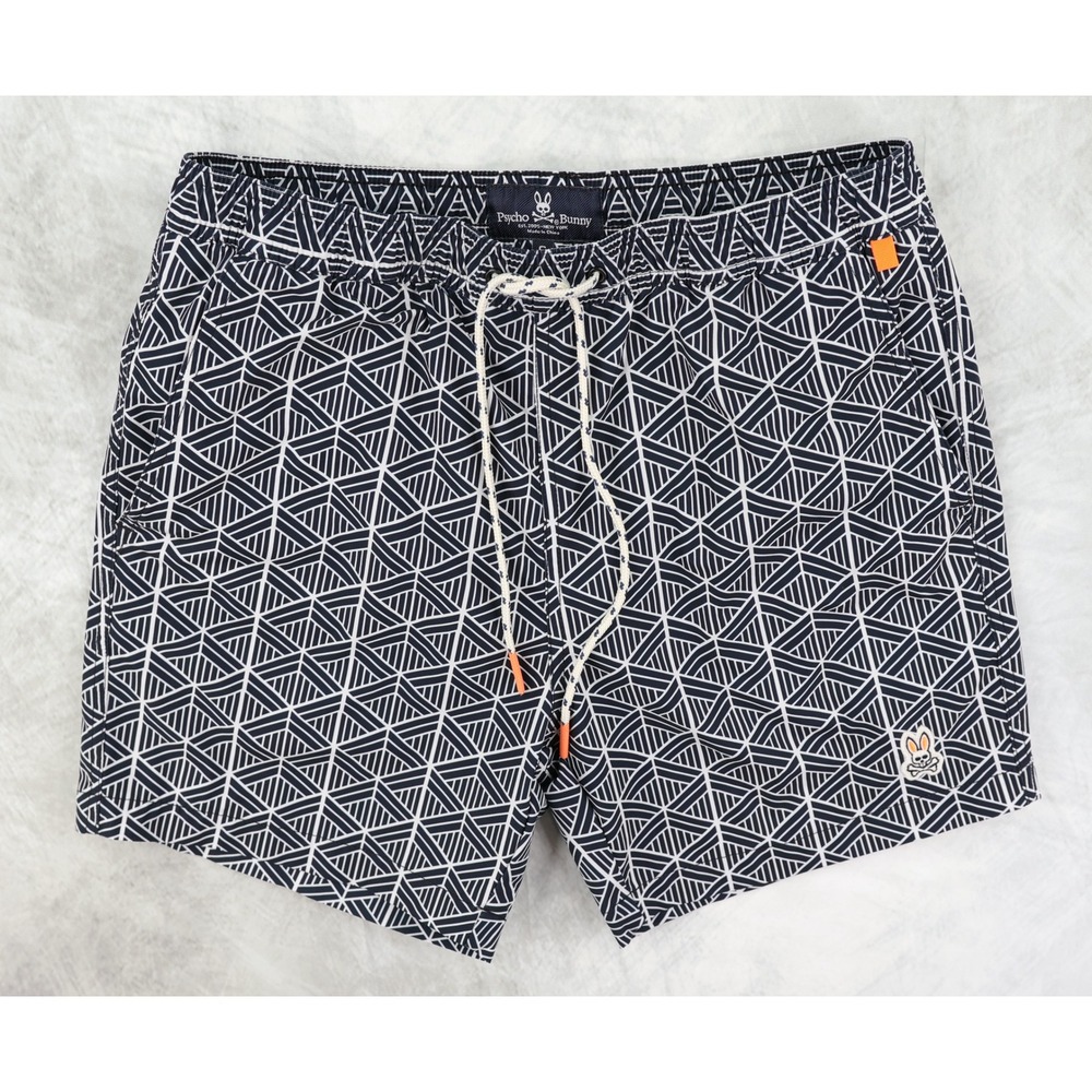 Psycho Bunny Swim Trunks Mens Small S Geometric Blue White Board Shorts Lined